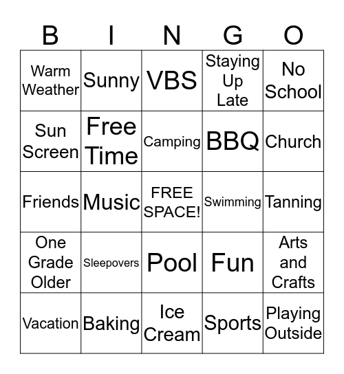 Summer Themed Bingo Card