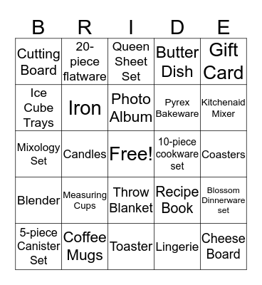 Bridal Bingo Card