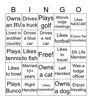 Get to know you fellow Elk Members Bingo Card