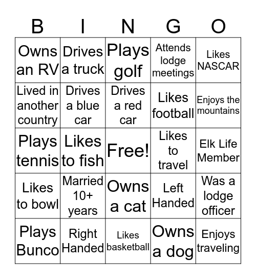 Get to know you fellow Elk Members Bingo Card