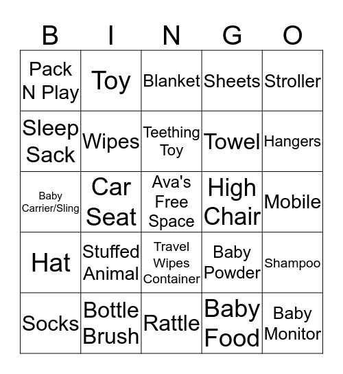 Ava's Baby Shower Bingo Card