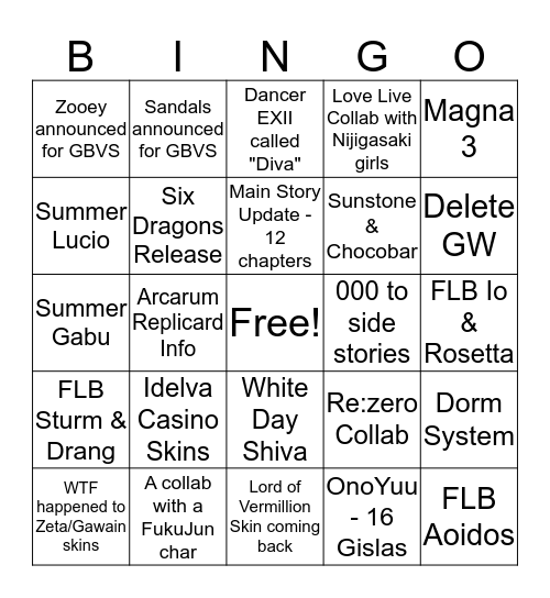 GBF 6th Anniversary Bingo Card