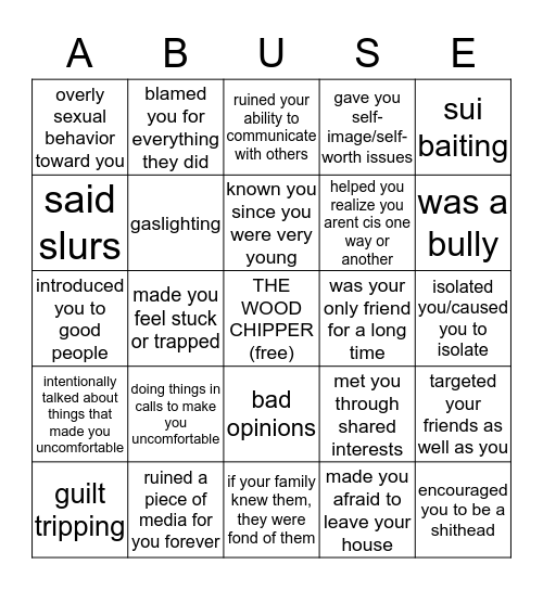 abuse baybee Bingo Card