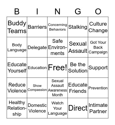 Bystander Intervention Bingo Card