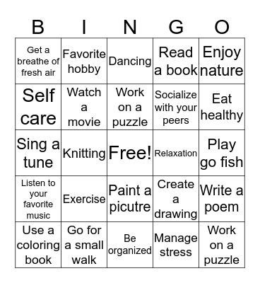 Stress management Bingo Card