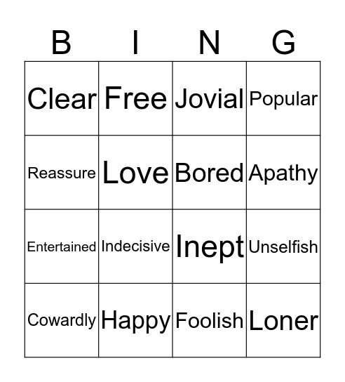 Antonyms: Emotions & Personality Traits Bingo Card