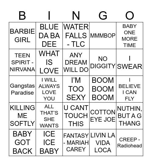 90s HITS! Bingo Card