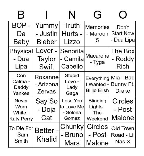 Top 40s Hits Bingo Card