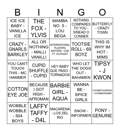 ONE HIT WONDERS! Bingo Card