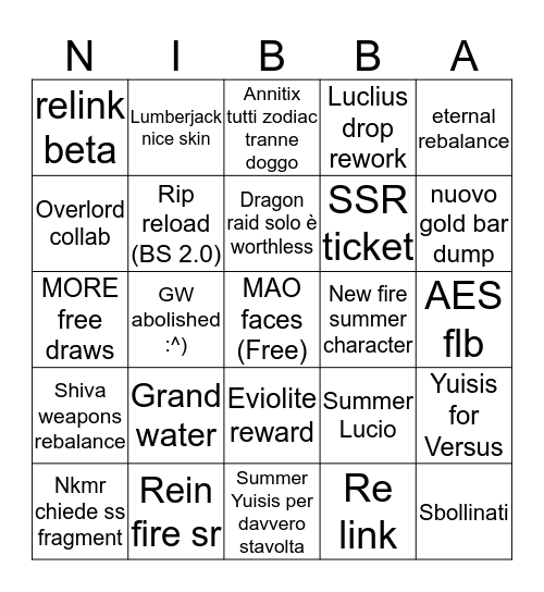 GBF Anniversary 2020 Stream Bingo Card
