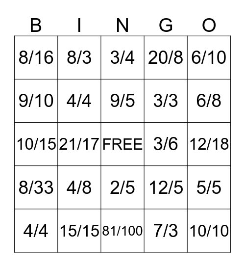 Multiplying fractions bingo Card
