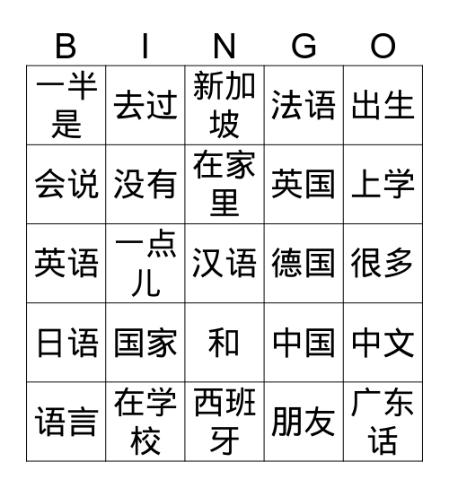 国家，语言 Bingo Card