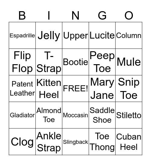 Shoe Crazy BINGO Card
