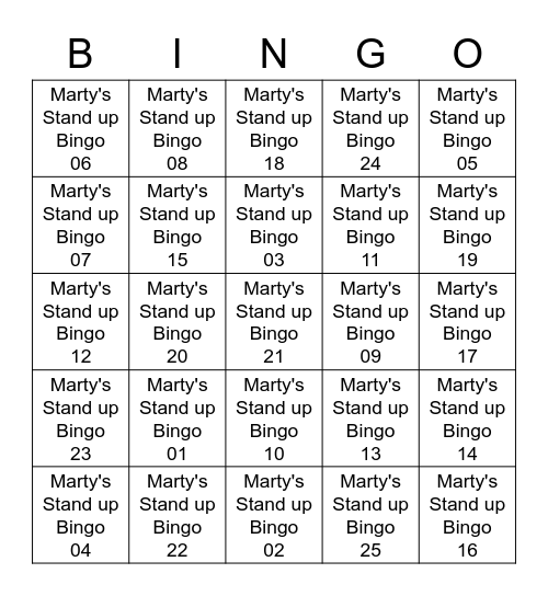 Marty's Stand-up Bingo At The Clubhouse Bingo Card