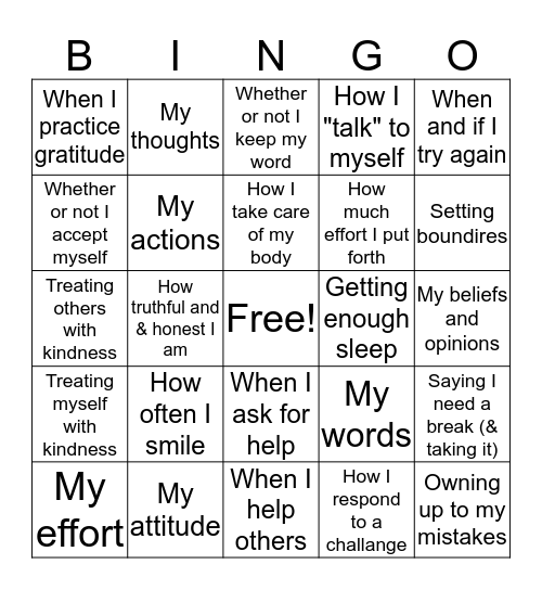 Things I can Control Bingo Card