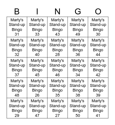 Marty's Stand-up Bingo At The Clubhouse Bingo Card