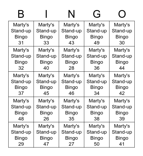 Marty's Stand-up Bingo At The Clubhouse Bingo Card