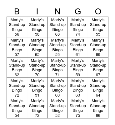 Marty's Stand-up Bingo At The Clubhouse Bingo Card