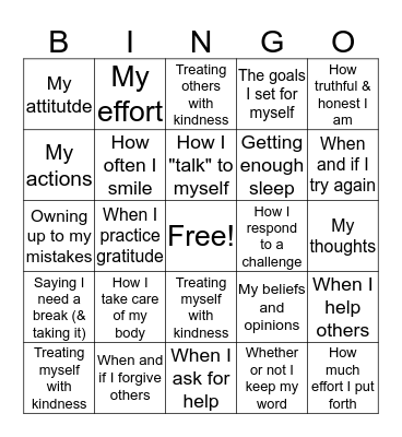 Things I Can Control Bingo Card