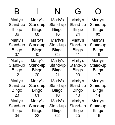 Marty's Stand-up Bingo At The Clubhouse Bingo Card