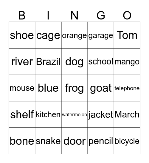 Noun BIngo Card