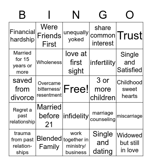 VBM Relationship Bingo  Bingo Card