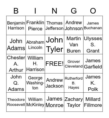 US Presidents 1-26 Bingo Card