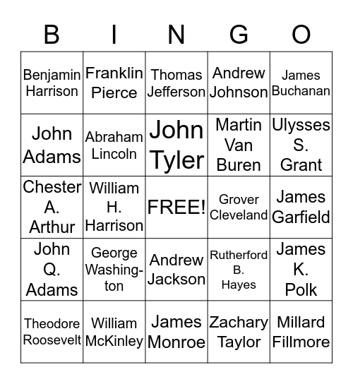 US Presidents 1-26 Bingo Card