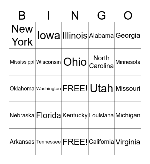 States Surrounding the Mississippi River Bingo Card