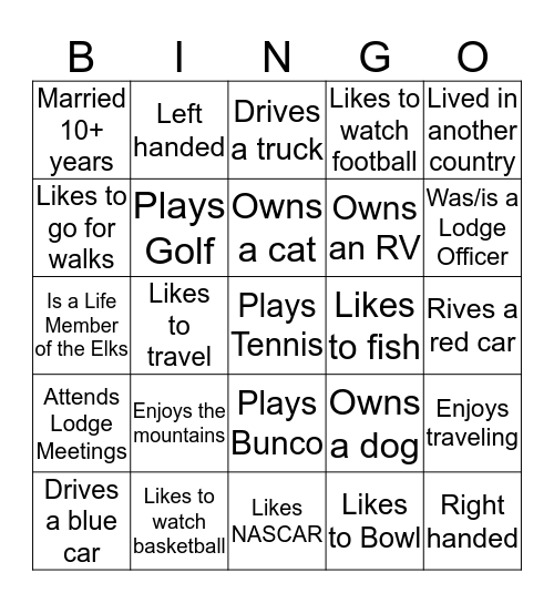 Get to know your Fellow Elks Bingo Card