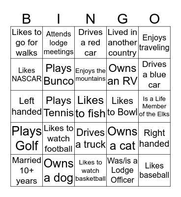 Get to know your Fellow Elks Bingo Card