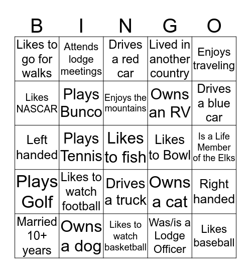 Get to know your Fellow Elks Bingo Card