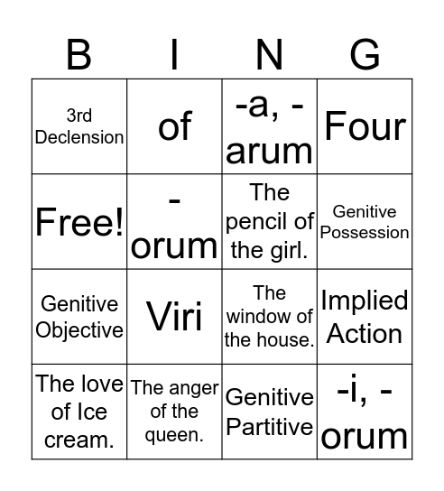 Gen-Z Genitives Bingo Card