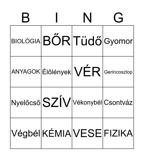 Természetismeret 8.OSZTÁLY Bingo Card