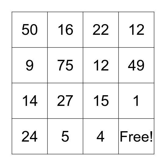 Percentage Bingo Card