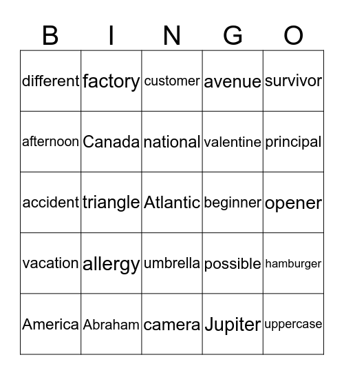 1R 3 Syllable Words Bingo Card