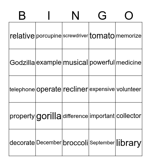 1R 3 Syllable Words Bingo Card