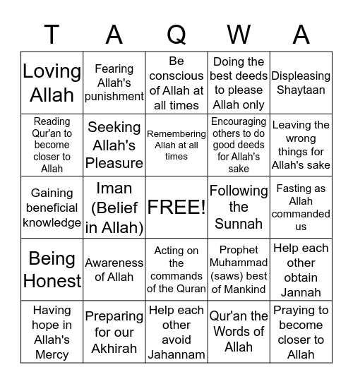 I have TAQWA! Bingo Card