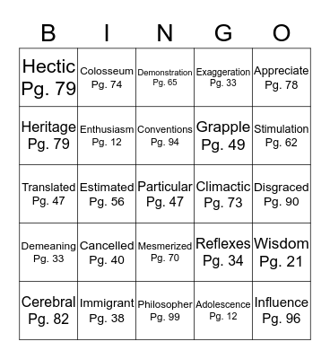 Vocabulary Bingo Card