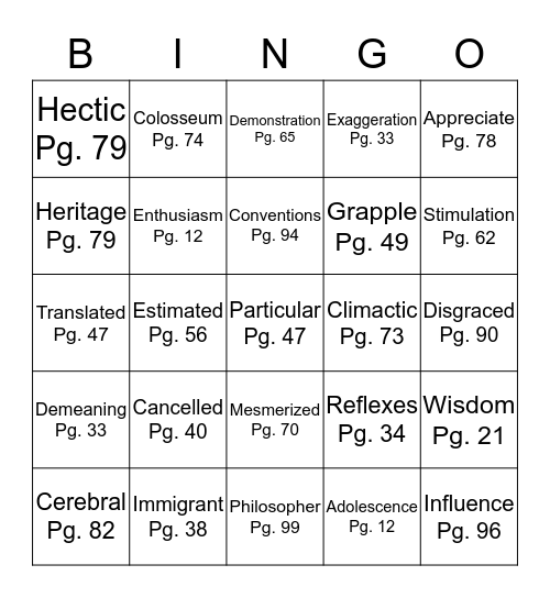 Vocabulary Bingo Card