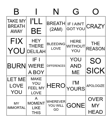 00'S BALLADS Bingo Card