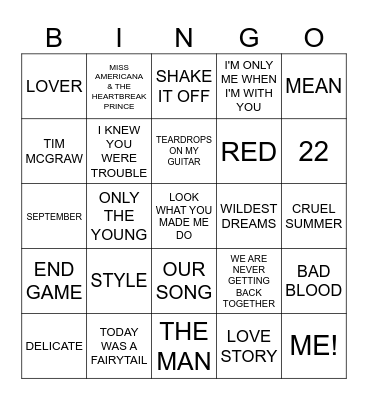 T SWIFT Bingo Card