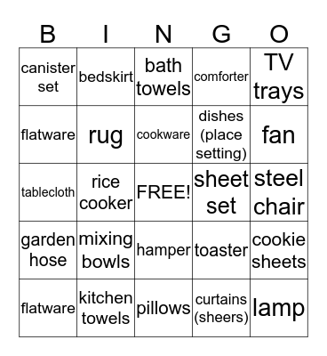 Lisanne's Bridal Registry Bingo Card