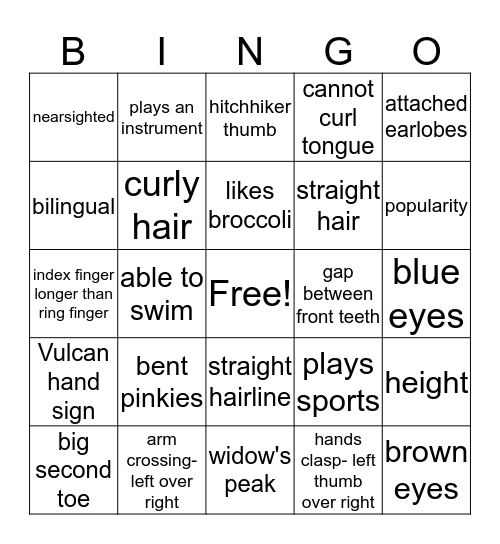 Acquired or Inherited Traits Bingo Card