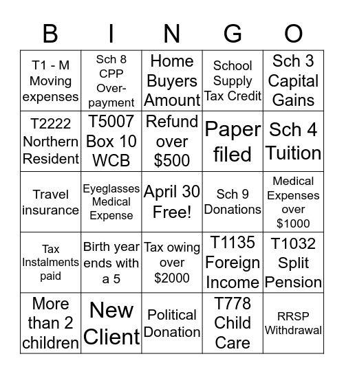 Tax Bingo Card