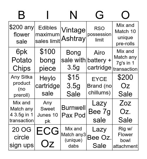 Budtender Bingo Card