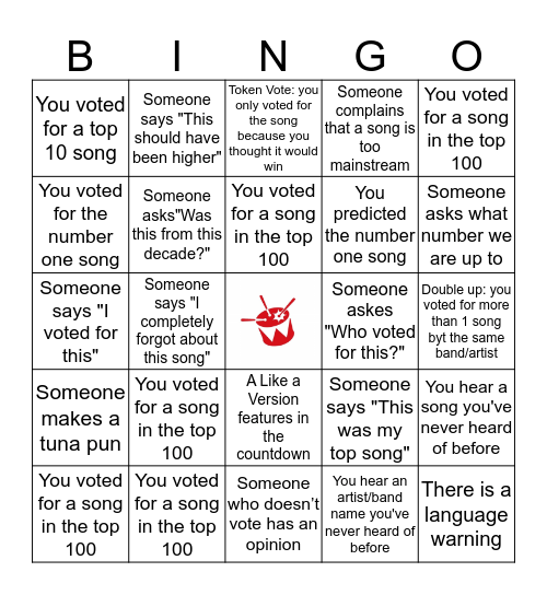 Triple J Hottest 100 of the decade bingo Card