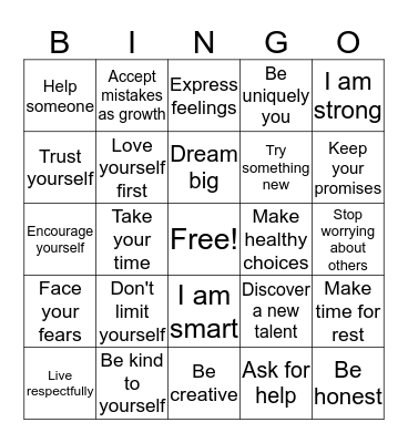Self-Confidence Bingo Card