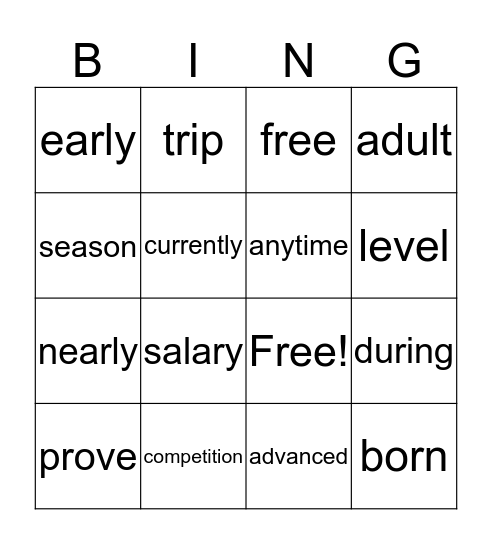 Theme 4.2 Bingo Card