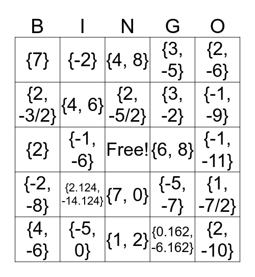 Solving Quadratic Bingo Card